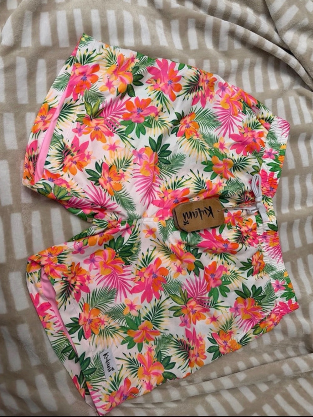 Kuwaii Floral Tropical Pink & Green men swim Shorts